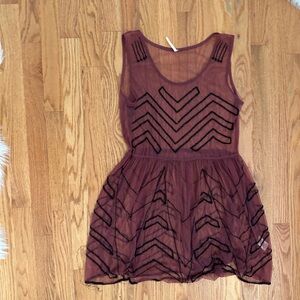 FREE PEOPLE - BURGANDY AND BLACK MESH DRESS WITH HAND SOWN BLACK BEADING!